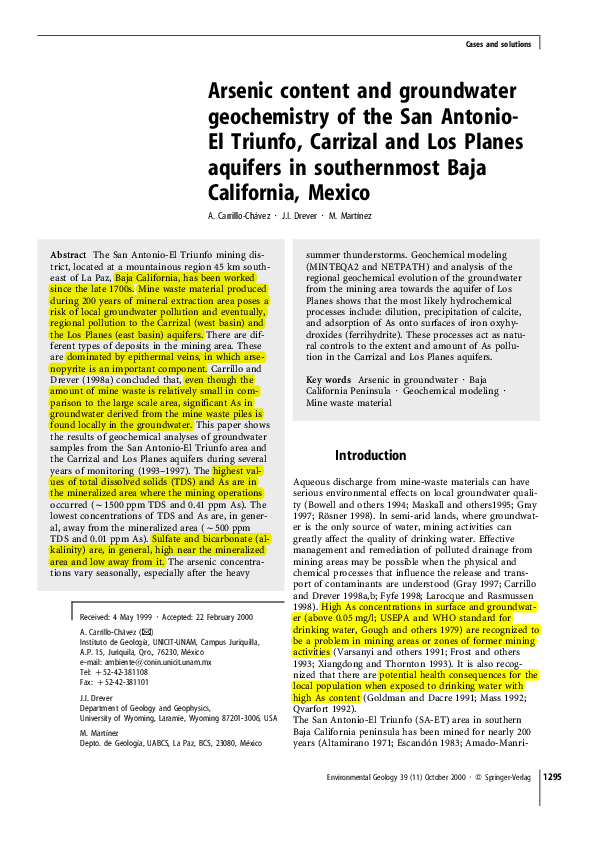 (PDF) Arsenic content and groundwater geochemistry of the San Antonio ...