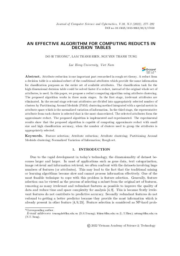 (PDF) An Effective Algorithm for Computing Reducts in Decision Tables