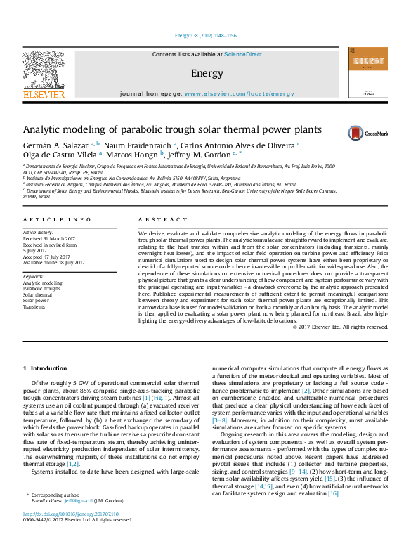 (PDF) Analytic modeling of parabolic trough solar thermal power plants