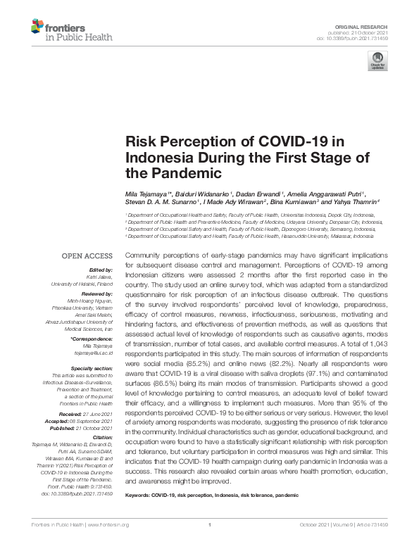 (PDF) Risk Perception of COVID-19 in Indonesia During the First Stage ...