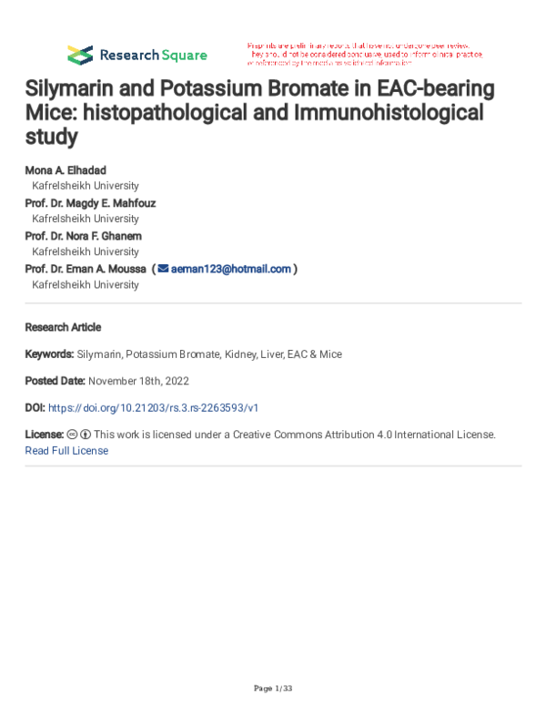 (PDF) Silymarin and Potassium Bromate in EAC-bearing Mice ...