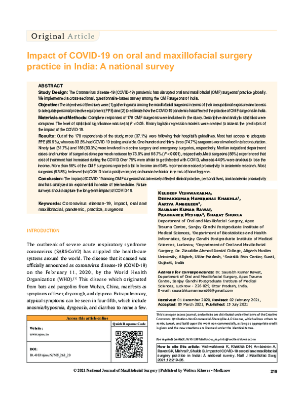 (PDF) Impact of COVID-19 on oral and maxillofacial surgery practice in ...