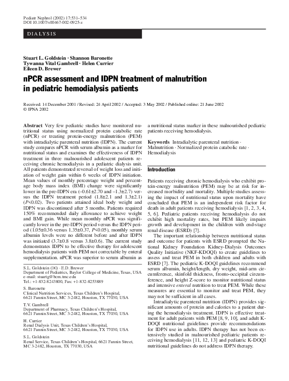 (PDF) nPCR assessment and IDPN treatment of malnutrition in pediatric ...