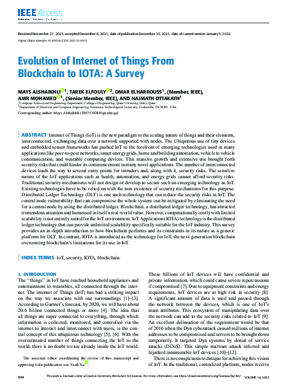 (PDF) Evolution of Internet of Things From Blockchain to IOTA: A Survey