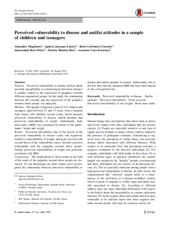 (PDF) Perceived vulnerability to disease and antifat attitudes in a ...