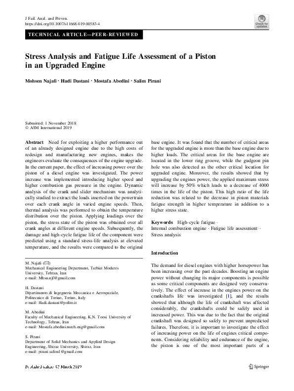 (PDF) Stress Analysis and Fatigue Life Assessment of a Piston in an ...