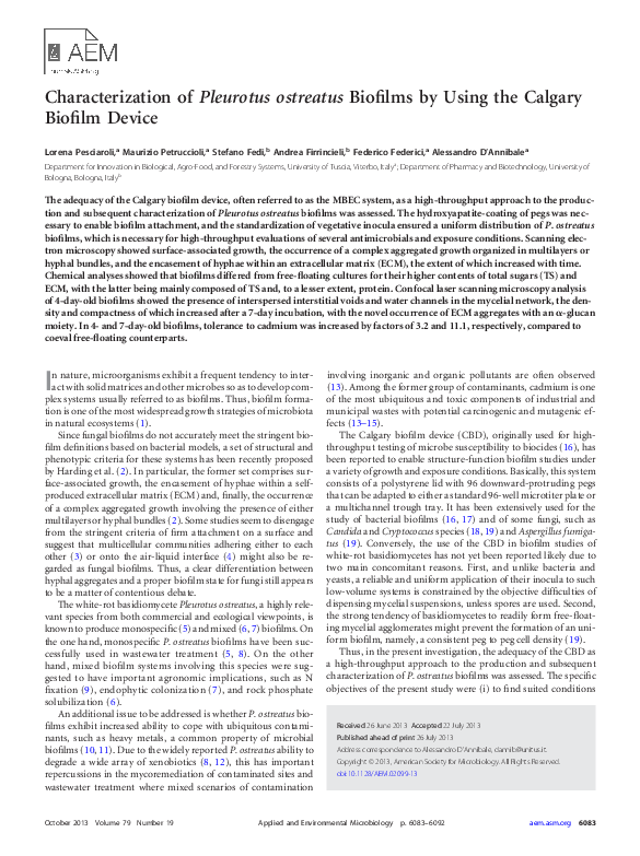 (PDF) Characterization of Pleurotus ostreatus Biofilms by Using the ...