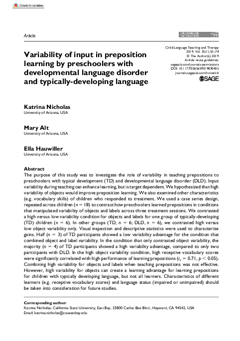 (PDF) Variability of input in preposition learning by preschoolers with ...