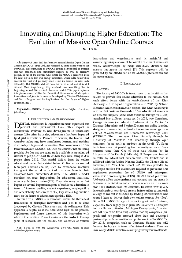 (PDF) Innovating And Disrupting Higher Education: The Evolution Of ...