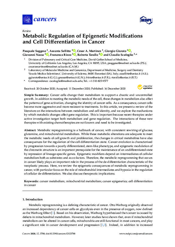 (PDF) Metabolic Regulation of Epigenetic Modifications and Cell ...