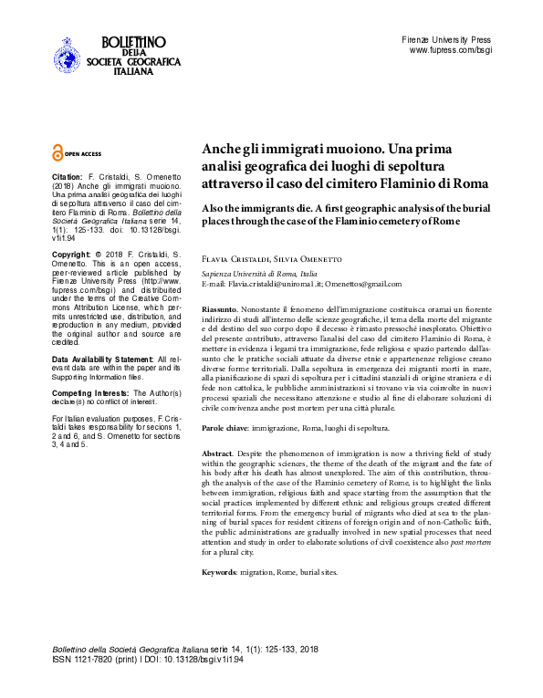 (PDF) Anche gli immigrati muoiono. Una prima analisi geografica dei