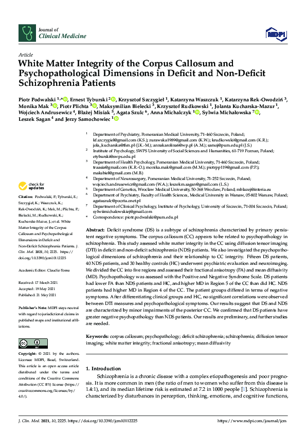 (PDF) White Matter Integrity of the Corpus Callosum and ...