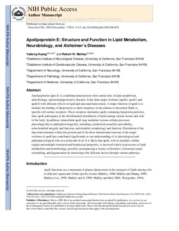 (PDF) Apolipoprotein E: structure and function in lipid metabolism ...