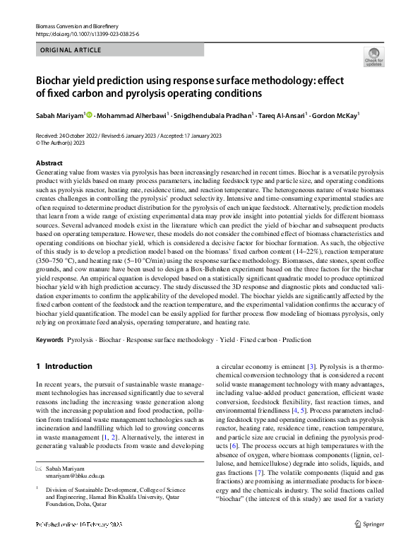 (PDF) Biochar yield prediction using response surface methodology ...