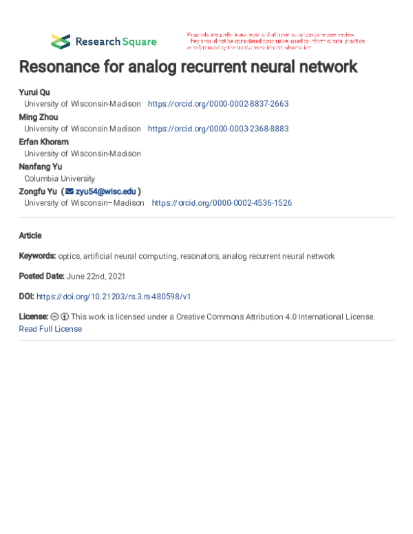 (PDF) Resonance for Analog Recurrent Neural Network