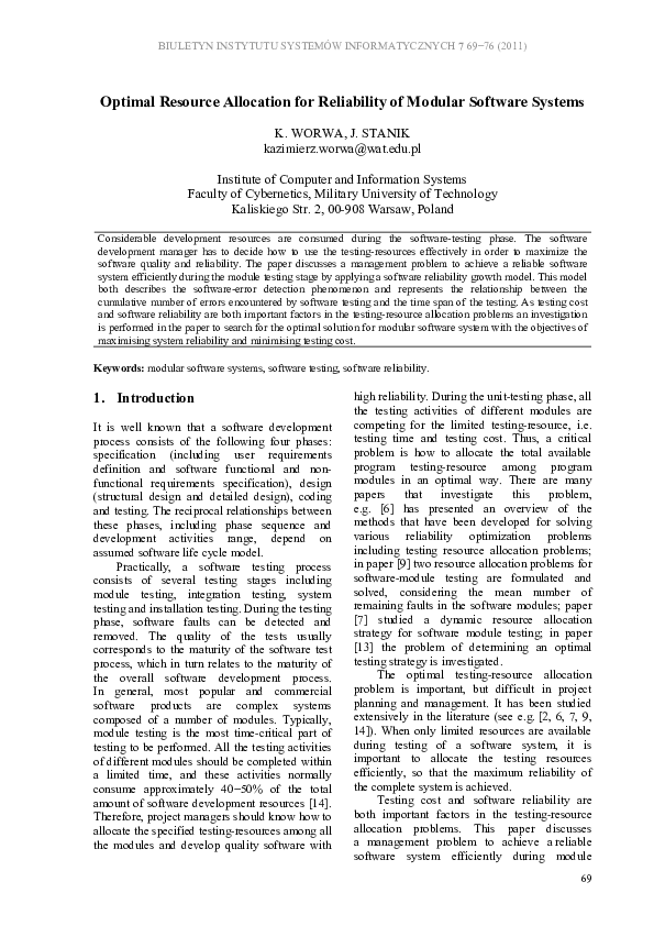 (PDF) Optimal Resource Allocation for Reliability of Modular Software ...