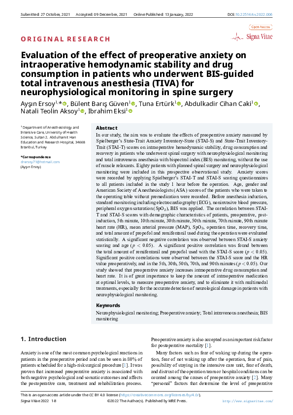 (PDF) Evaluation of the effect of preoperative anxiety on ...