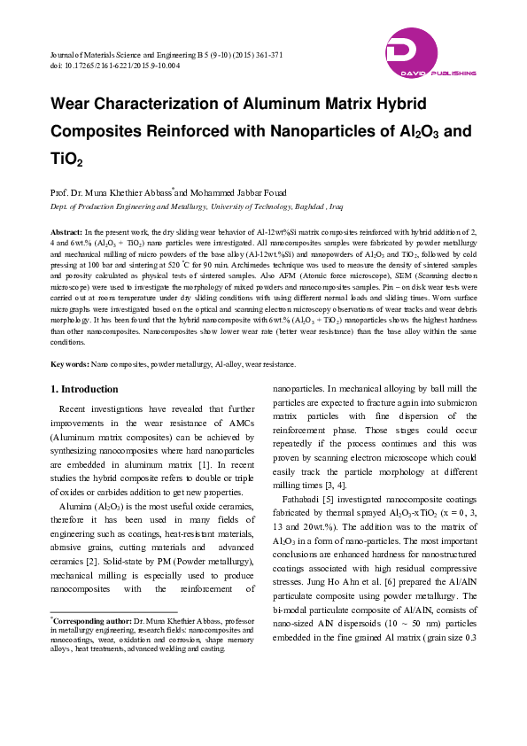(PDF) Wear Characterization of Aluminum Matrix Hybrid Composites ...