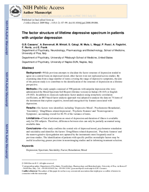 (PDF) The factor structure of lifetime depressive spectrum in patients ...