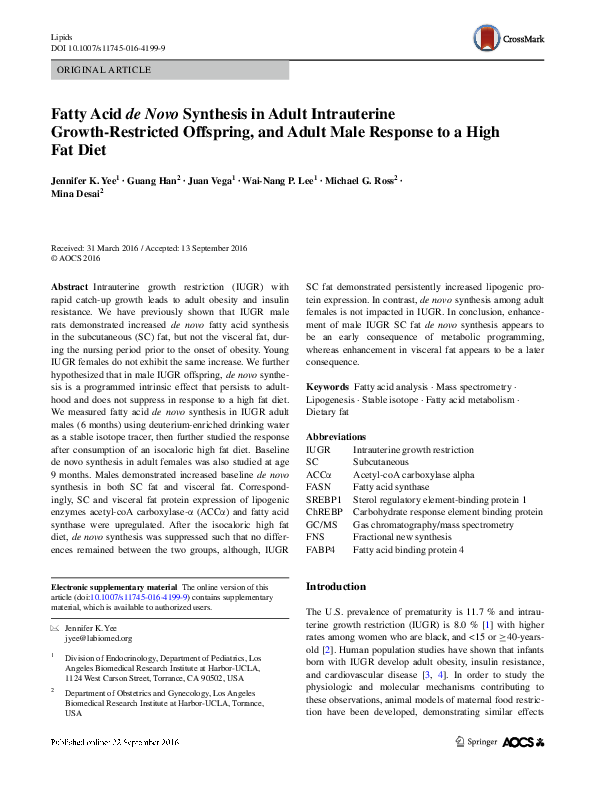 (PDF) Fatty Acid de Novo Synthesis in Adult Intrauterine Growth ...