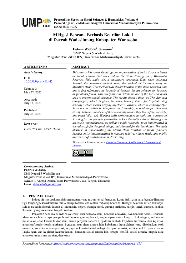 Mitigasi Bencana Berbasis Kearifan Lokal di Daerah Wadaslintang Kabupaten Wonosobo