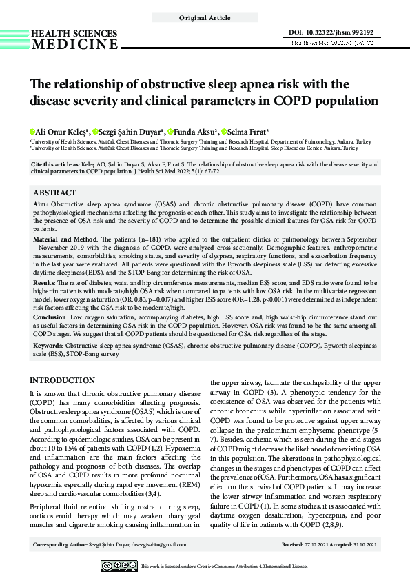 (PDF) The relationship of obstructive sleep apnea risk with the disease ...