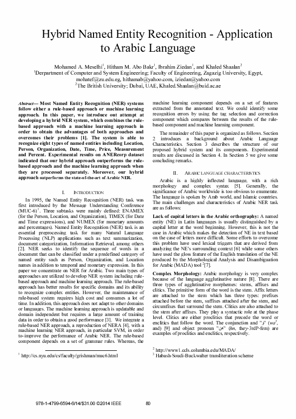 (PDF) Hybrid Named Entity Recognition - Application to Arabic Language