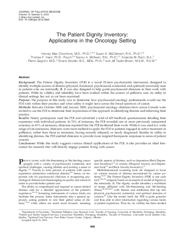 (PDF) The Patient Dignity Inventory: Applications in the Oncology Setting