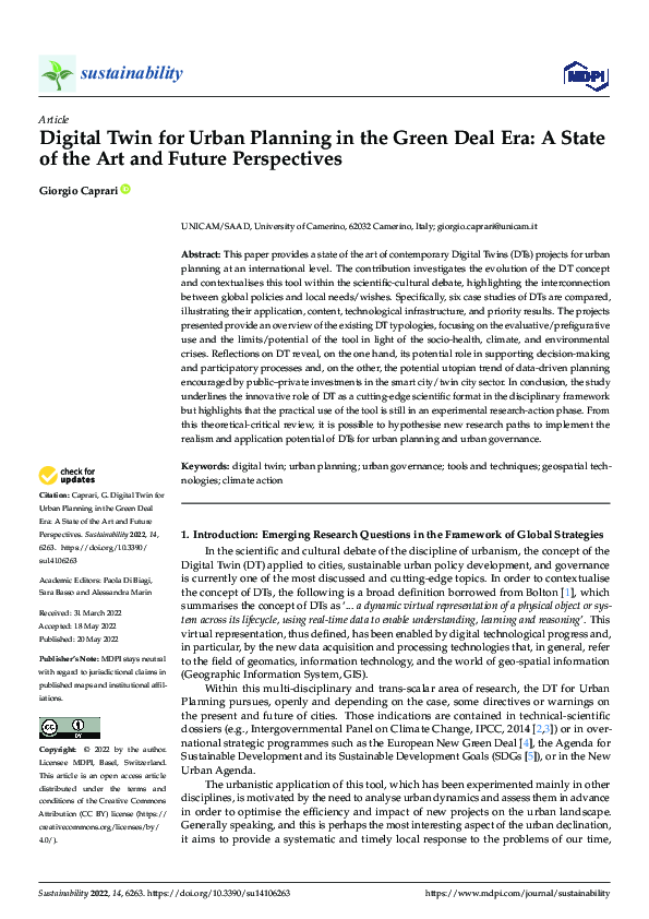 (PDF) Digital Twin for Urban Planning in the Green Deal Era: A State of ...