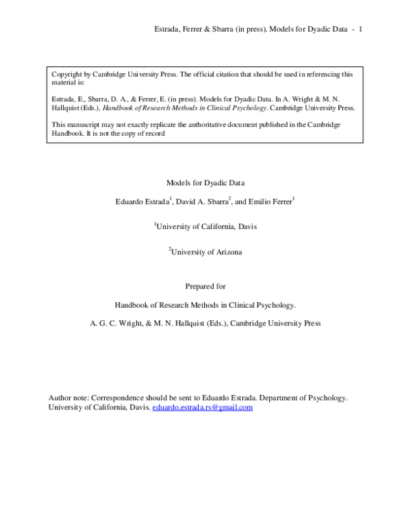 (PDF) Models for Dyadic Data. Chapter in Cambridge Handbook of Research ...