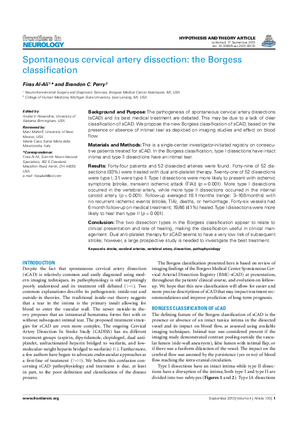 (PDF) Spontaneous Cervical Artery Dissection: The Borgess Classification
