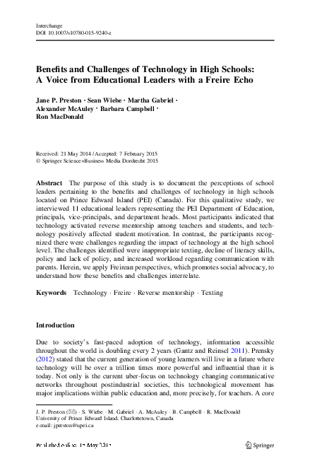 (PDF) Benefits and Challenges of Technology in High Schools: A Voice ...