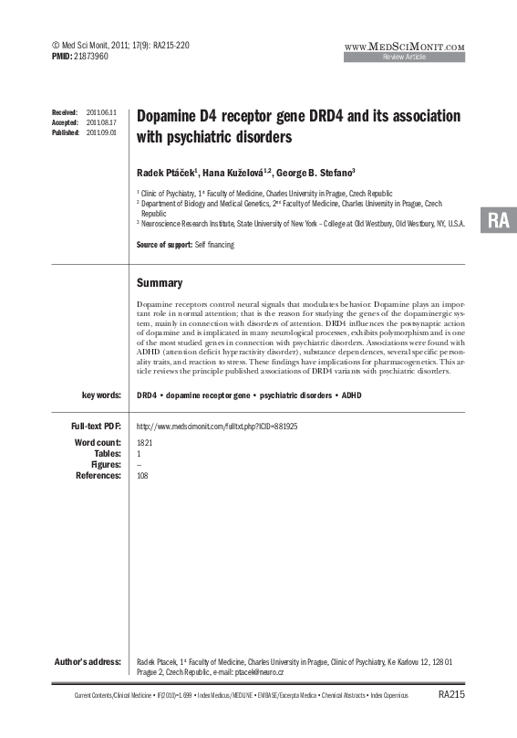 (PDF) Dopamine D4 receptor gene DRD4 and its association with ...
