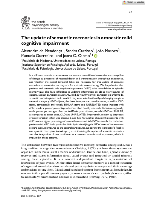 (PDF) The update of semantic memories in amnestic mild cognitive impairment