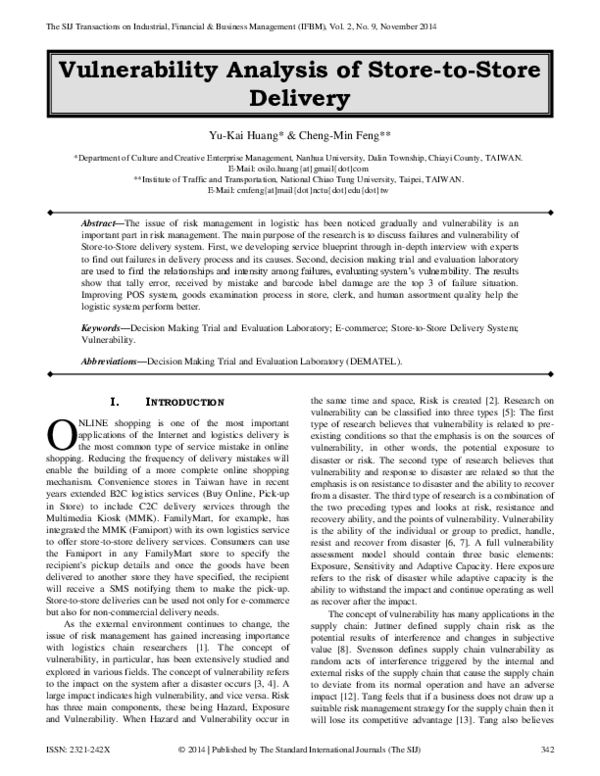 (PDF) Vulnerability Analysis of Store-to-Store Delivery