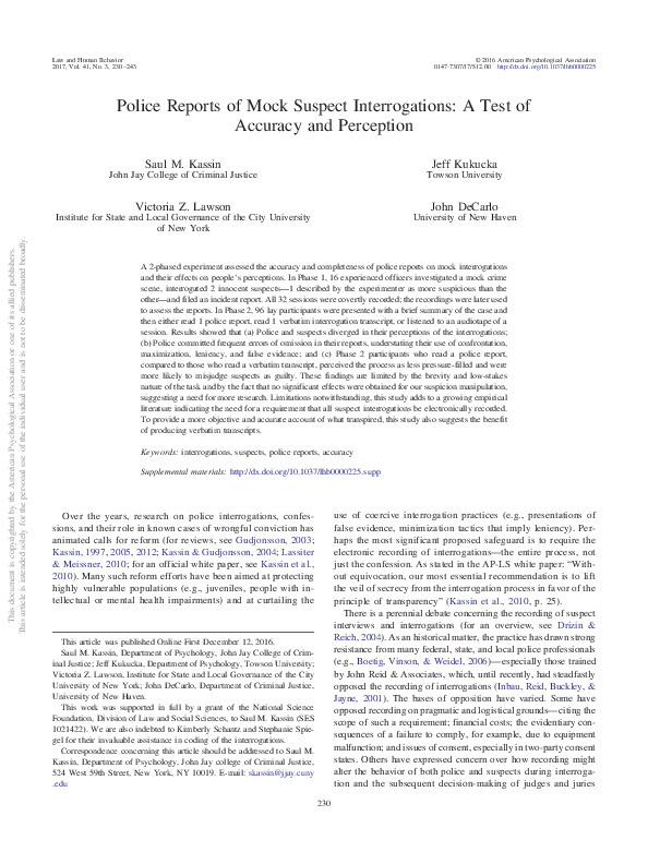 (PDF) Police reports of mock suspect interrogations: A test of accuracy ...
