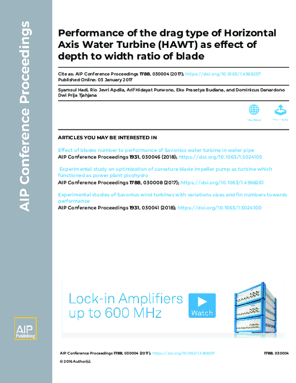(PDF) Performance of the drag type of Horizontal Axis Water Turbine ...