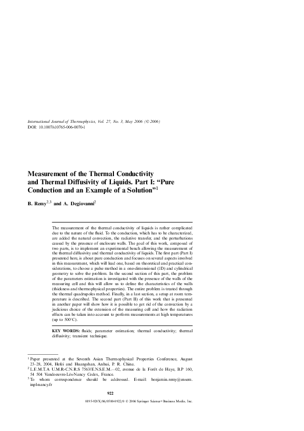 (PDF) Measurement of the Thermal Conductivity and Thermal Diffusivity ...