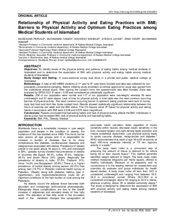 (PDF) Relationship of Physical Activity and Eating Practices with BMI ...