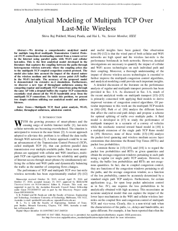 (PDF) Analytical Modeling of Multipath TCP Over Last-Mile Wireless