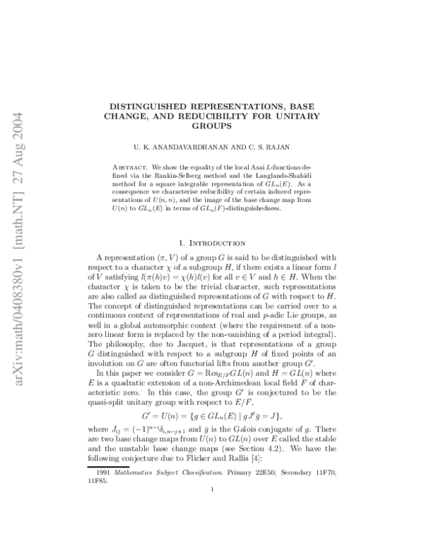 (PDF) Distinguished representations, base change, and reducibility for ...