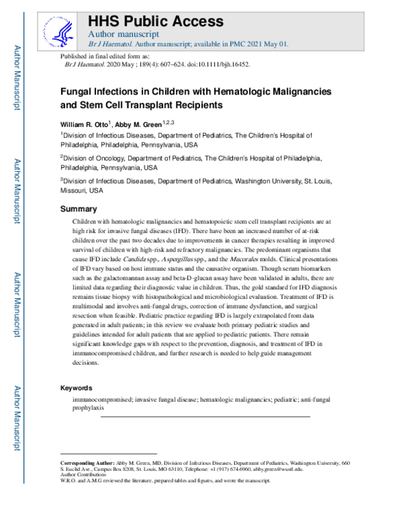 (PDF) Fungal infections in children with haematologic malignancies and ...