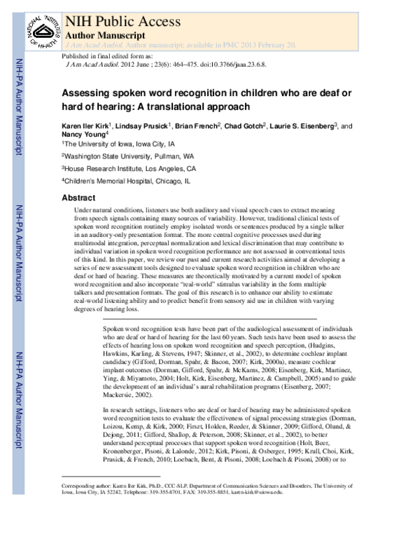 (PDF) Assessing Spoken Word Recognition in Children Who Are Deaf or ...
