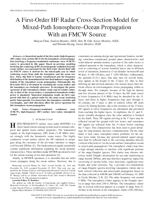 (PDF) A FirstOrder HF Radar CrossSection Model for MixedPath IonosphereOcean Propagation