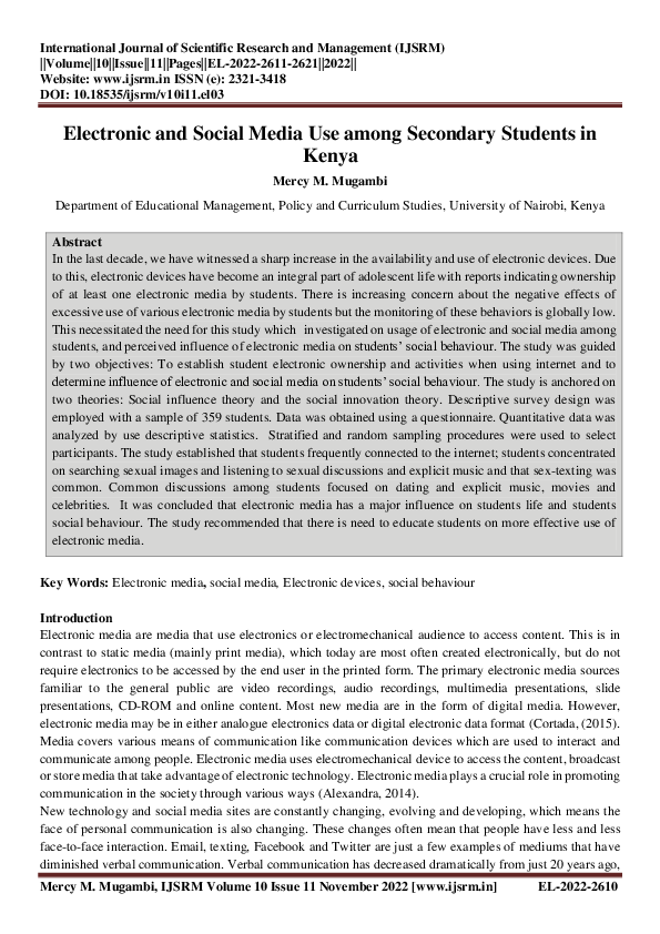 (PDF) Electronic and Social Media Use among Secondary Students in Kenya