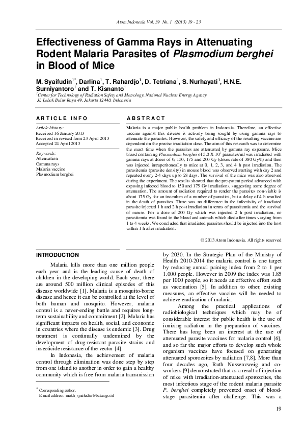 (PDF) Effectiveness of Gamma Rays in Attenuating Rodent Malaria ...
