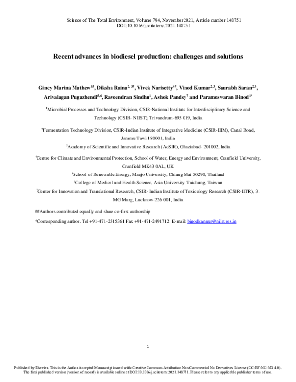 (PDF) Recent advances in biodiesel production: Challenges and solutions