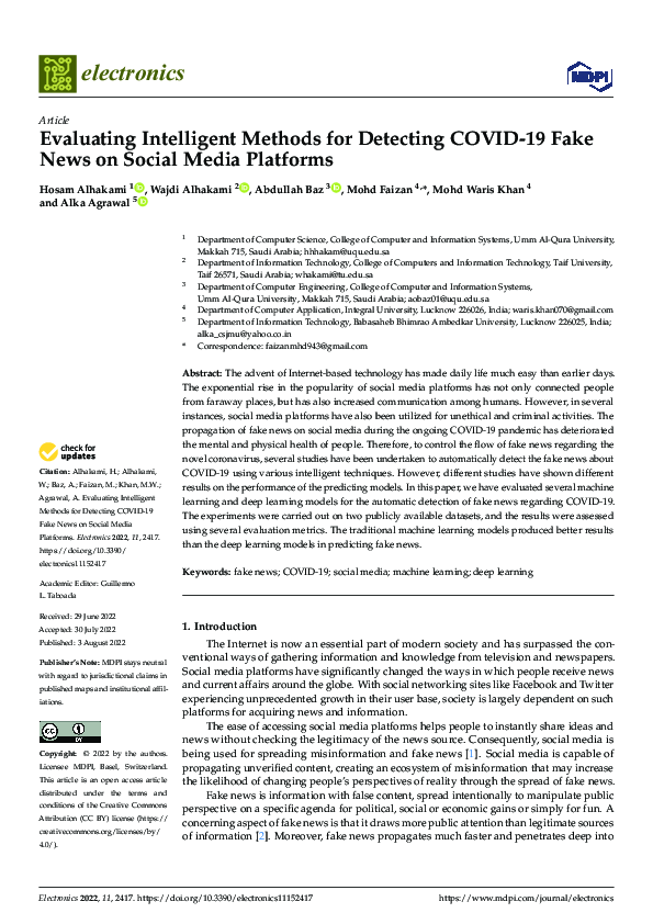 (PDF) Evaluating Intelligent Methods for Detecting COVID-19 Fake News ...