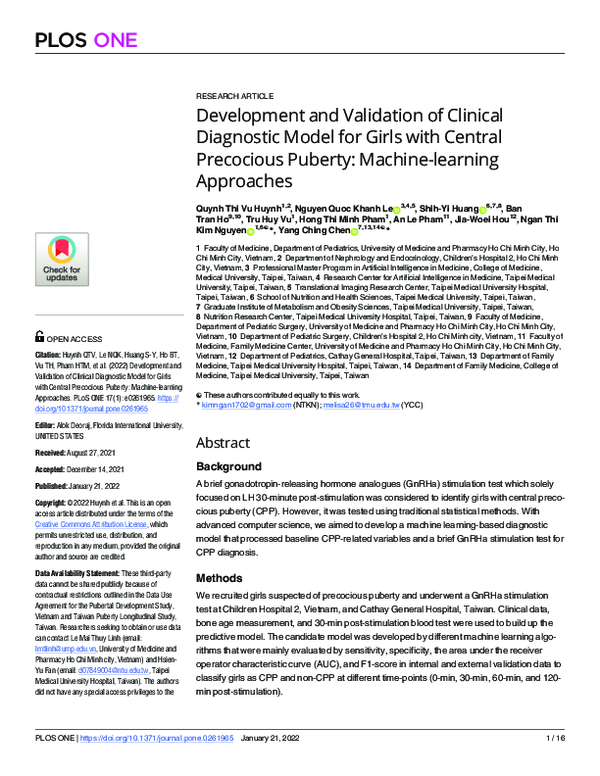 (PDF) Development and Validation of Clinical Diagnostic Model for Girls ...