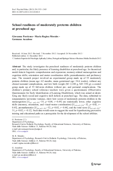 (PDF) School readiness of moderately preterm children at preschool age